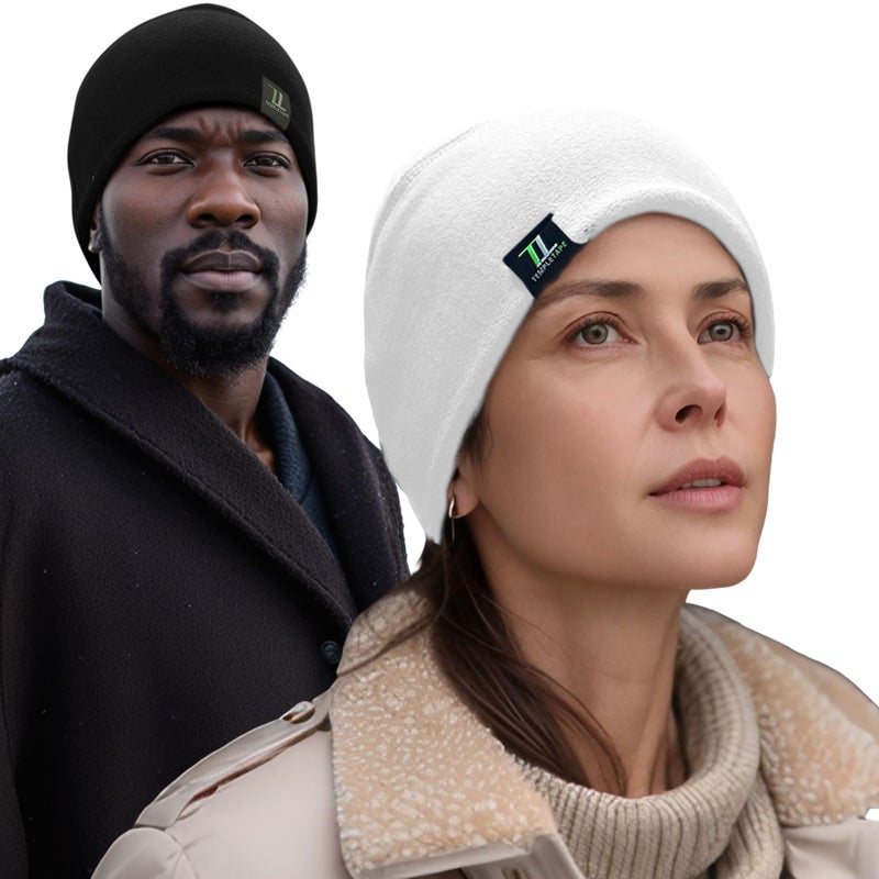 Temple Tape Tactical Fleece Watch Cap Beanie â€“ Skull Cap Fleece Hat - 2 Pack Black/Pure White - XL (for Larger Heads) - Image 3